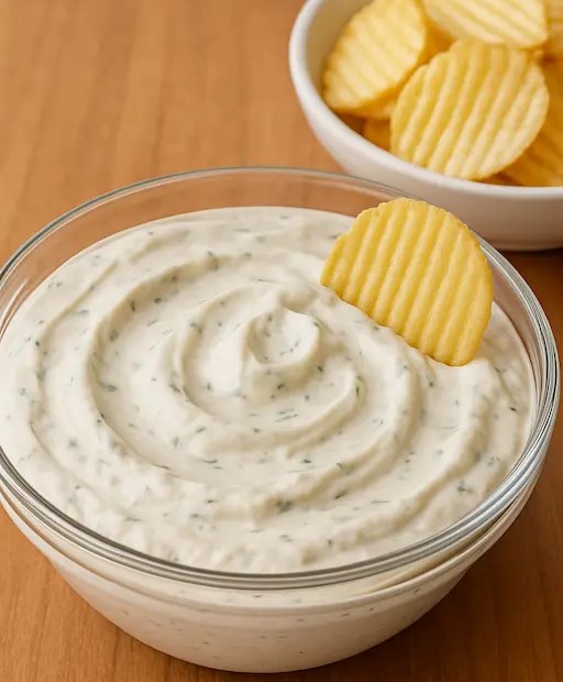 Easy Homemade Sour Cream Dip: A Simple Guide with Delicious Variations 182 Sour cream dip being scooped with a tortilla chip from a party platter.