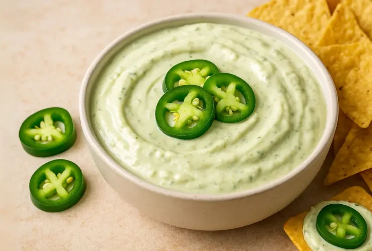 The Foolproof Guide to Creamy Jalapeño Cream Cheese Dip 198 A bowl of creamy jalapeño cream cheese dip garnished with sliced jalapeños and served with tortilla chips.