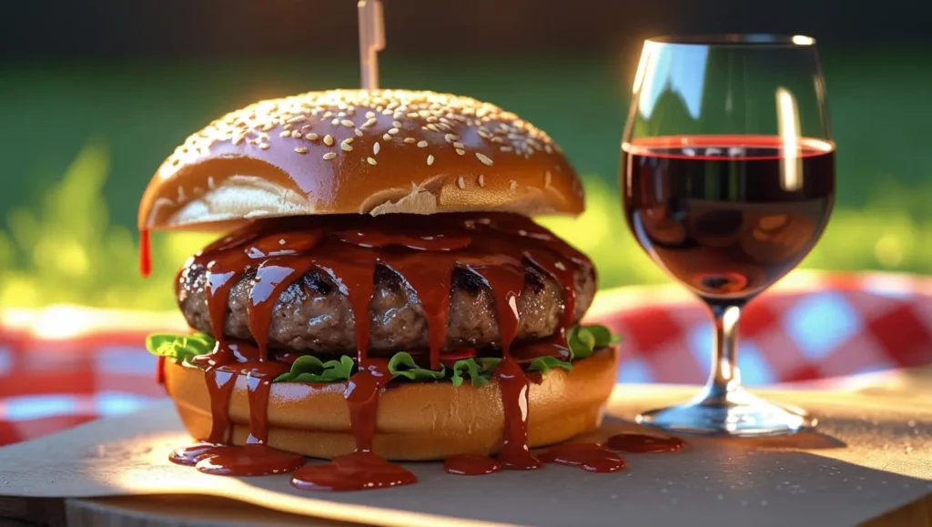Best Wines to Pair with BBQ: Bold Bottles for Every Smoked Meat 187 BBQ burger with red blend wine on picnic table.