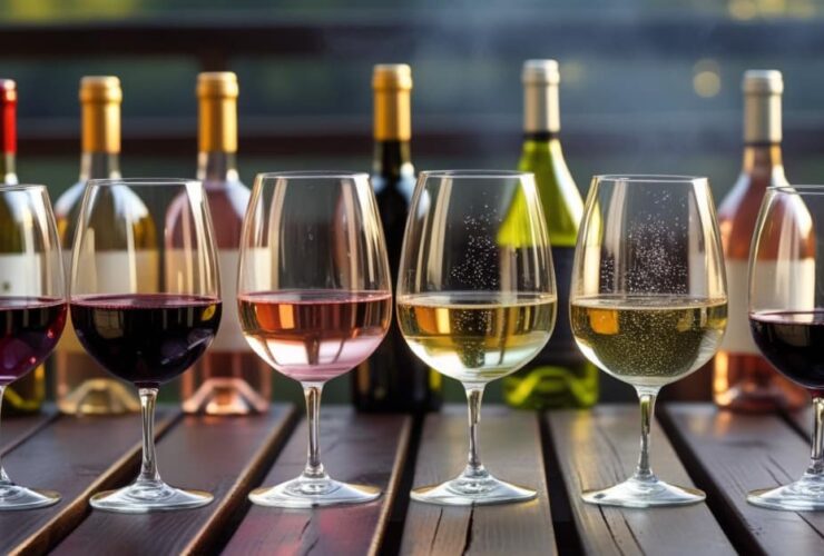 Best Wines to Pair with BBQ: Bold Bottles for Every Smoked Meat 192 best wine to pair with BBQ - Six wine glasses filled with different wines—Zinfandel, Rosé, Chardonnay, Sparkling Wine, Riesling, and Cabernet Sauvignon—on a wooden BBQ table with matching wine bottles in the background.