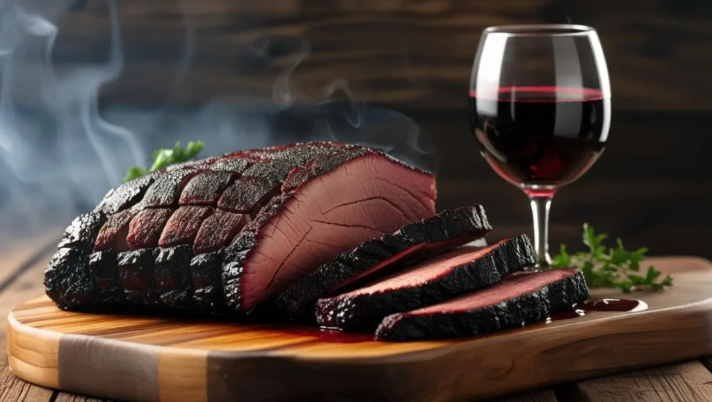 Best Wines to Pair with BBQ: Bold Bottles for Every Smoked Meat 182 Glass of red wine with sliced smoked brisket on cutting board.
