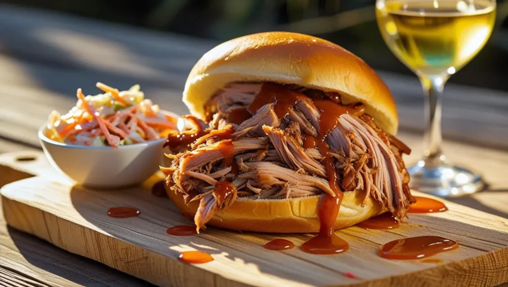 Best Wines to Pair with BBQ: Bold Bottles for Every Smoked Meat 185 Pulled pork sandwich with a glass of Riesling.