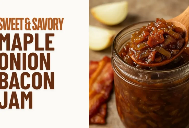 Sweet & Savory Maple Onion Bacon Jam: The Ultimate Homemade Recipe & Usage Guide 183 A glass jar filled with maple onion bacon jam, topped with caramelized bits of bacon and onions, with a spoon on a rustic wooden surface.
