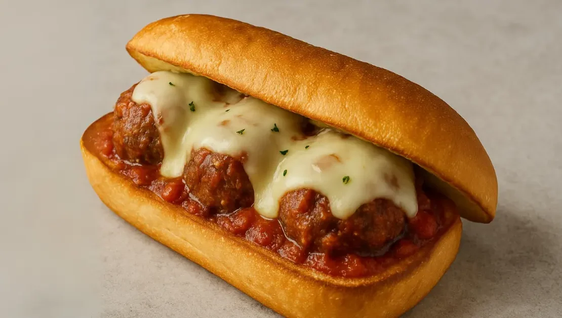homemade meatball sandwich with melted provolone