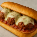 homemade meatball sandwich with melted provolone