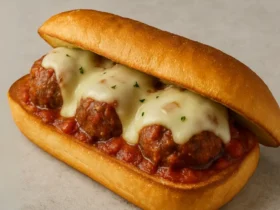 homemade meatball sandwich with melted provolone