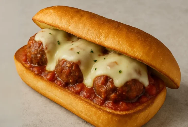 homemade meatball sandwich with melted provolone