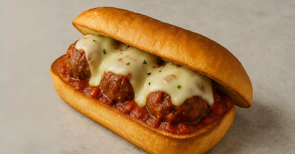 homemade meatball sandwich with melted provolone