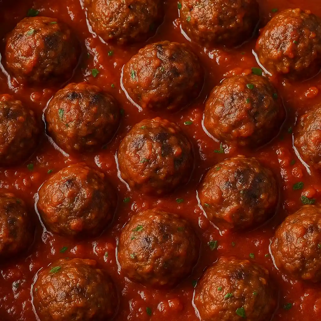 Meatballs simmering in rich tomato sauce