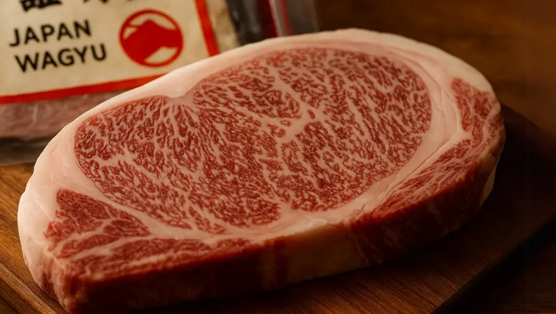 Side-by-side photo of raw Japanese Wagyu beef cuts from Japanese Black, Japanese Brown, and Japanese Shorthorn cattle, showing differences in marbling and texture.