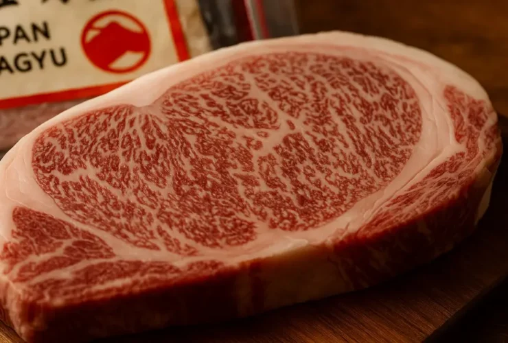Side-by-side photo of raw Japanese Wagyu beef cuts from Japanese Black, Japanese Brown, and Japanese Shorthorn cattle, showing differences in marbling and texture.