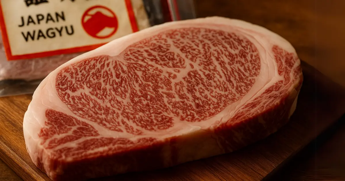 Side-by-side photo of raw Japanese Wagyu beef cuts from Japanese Black, Japanese Brown, and Japanese Shorthorn cattle, showing differences in marbling and texture.