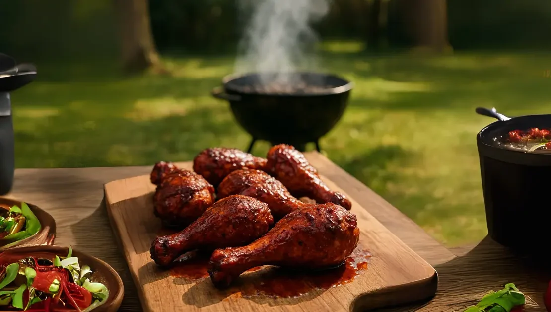 alt="Crispy smoked drumsticks on a platter"