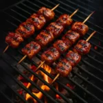 alt="Sticky honey BBQ chicken skewers on the grill"