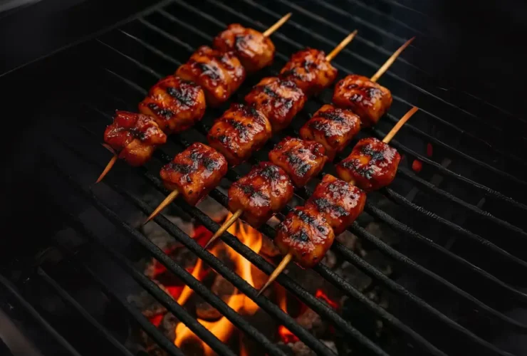 alt="Sticky honey BBQ chicken skewers on the grill"