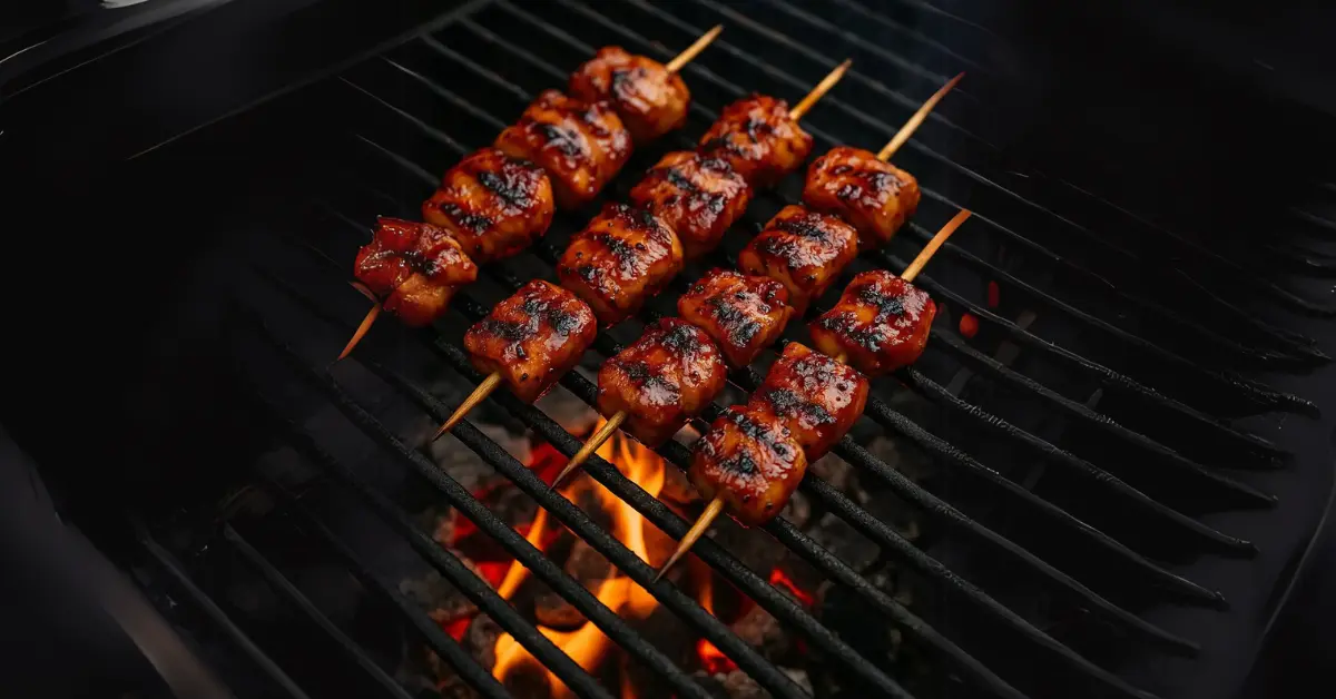 alt="Sticky honey BBQ chicken skewers on the grill"