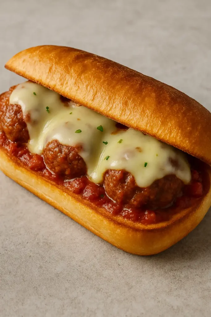 Toasted hoagie roll filled with meatballs and melted provolone