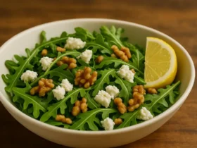 Arugula goat cheese salad with lemon vinaigrette and toasted walnuts in a white bowl.