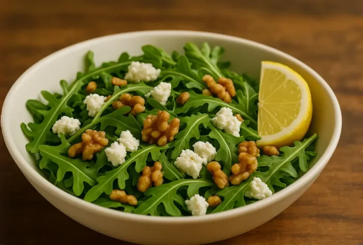 Arugula goat cheese salad with lemon vinaigrette and toasted walnuts in a white bowl.