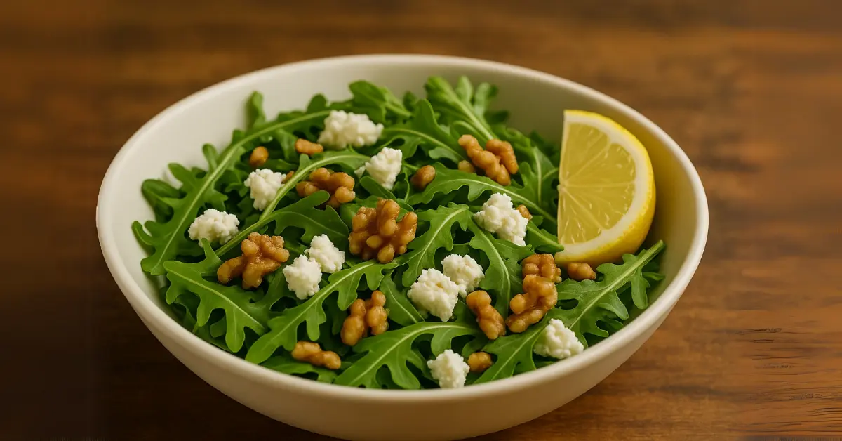 Arugula goat cheese salad with lemon vinaigrette and toasted walnuts in a white bowl.