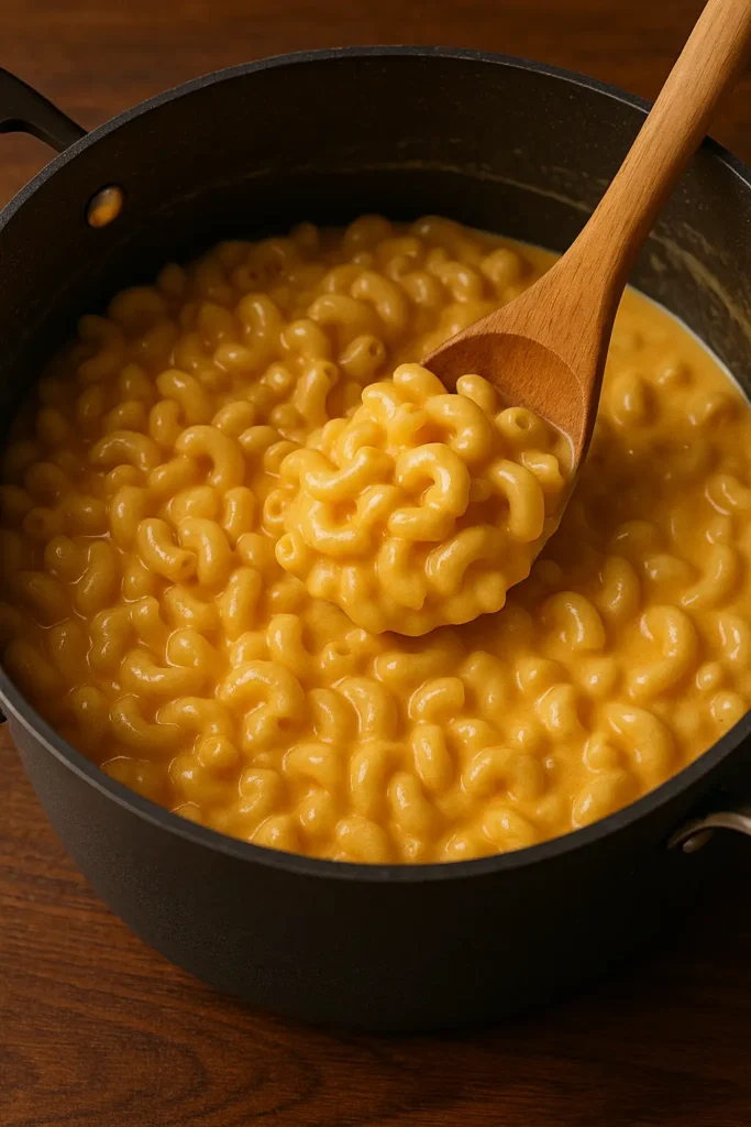 Macaroni cooking in a pot with melted cheese being stirred in, demonstrating the no-flour cheese sauce technique.
