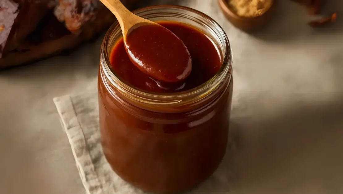 Jar of thick Kansas-style BBQ sauce with a deep reddish-brown color on a wooden table.