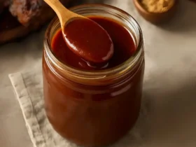 Jar of thick Kansas-style BBQ sauce with a deep reddish-brown color on a wooden table.
