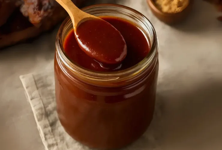 Jar of thick Kansas-style BBQ sauce with a deep reddish-brown color on a wooden table.