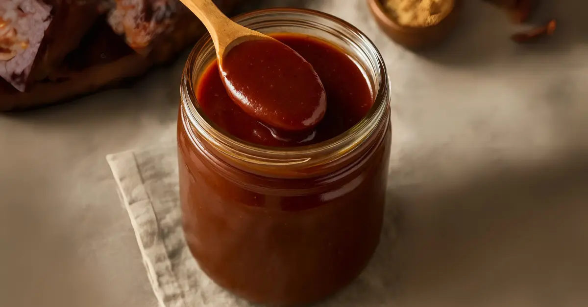 Jar of thick Kansas-style BBQ sauce with a deep reddish-brown color on a wooden table.