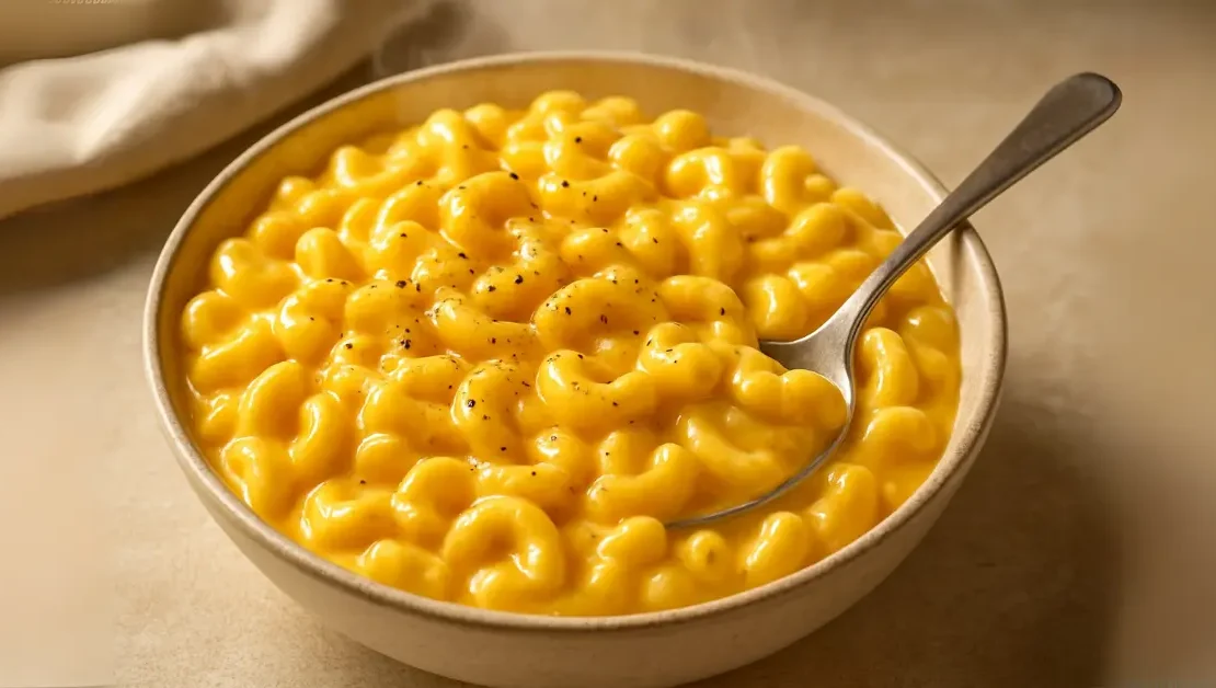 A high-resolution photo of no flour mac and cheese served in a white bowl, showing creamy texture and golden cheese, perfect for a comforting homemade meal.