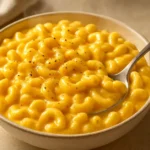 A high-resolution photo of no flour mac and cheese served in a white bowl, showing creamy texture and golden cheese, perfect for a comforting homemade meal.