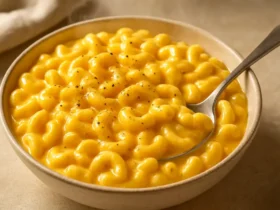 A high-resolution photo of no flour mac and cheese served in a white bowl, showing creamy texture and golden cheese, perfect for a comforting homemade meal.