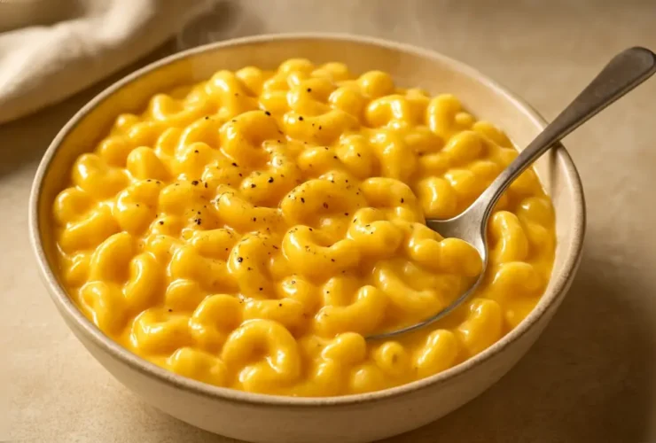 A high-resolution photo of no flour mac and cheese served in a white bowl, showing creamy texture and golden cheese, perfect for a comforting homemade meal.
