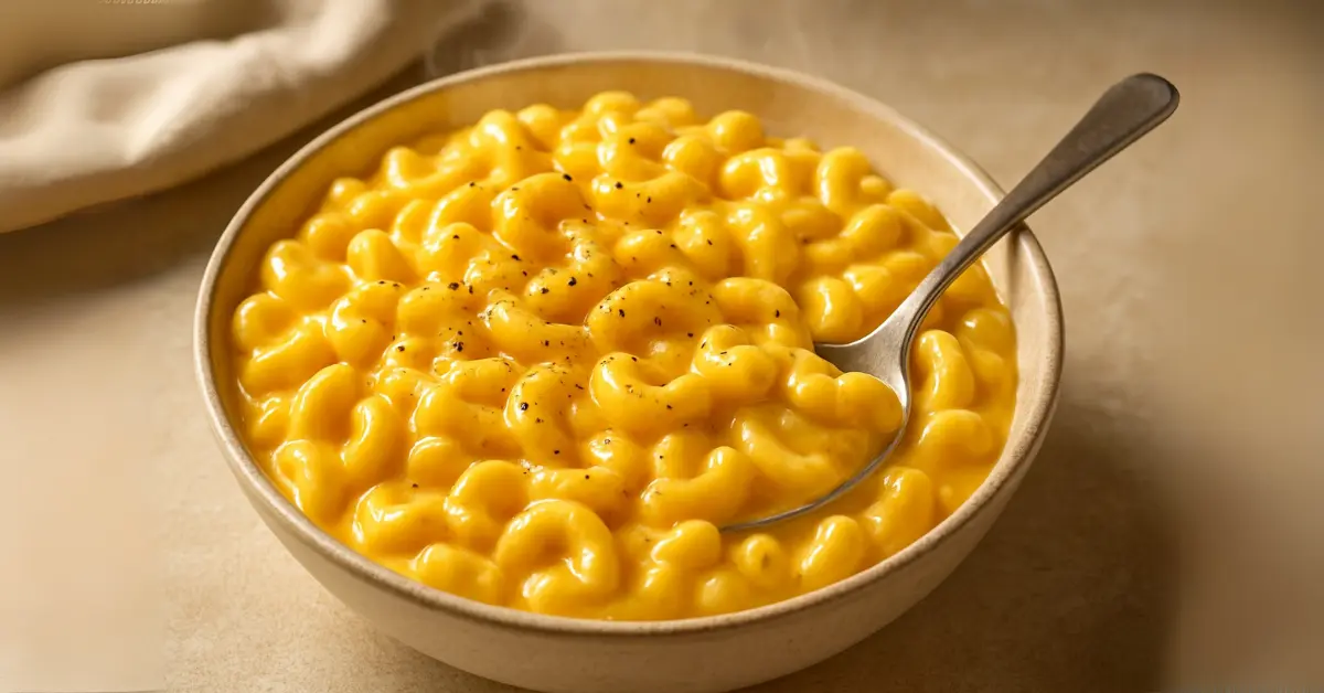 A high-resolution photo of no flour mac and cheese served in a white bowl, showing creamy texture and golden cheese, perfect for a comforting homemade meal.