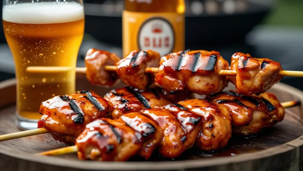 Sticky honey BBQ chicken skewers with lager – sweet and crisp BBQ pairing