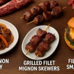 Three gourmet dishes made from filet mignon trimmings: stir-fry, grilled skewers, and smash burgers plated on rustic surfaces