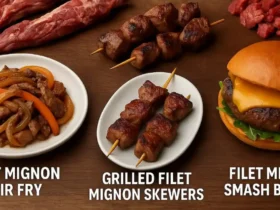 Three gourmet dishes made from filet mignon trimmings: stir-fry, grilled skewers, and smash burgers plated on rustic surfaces