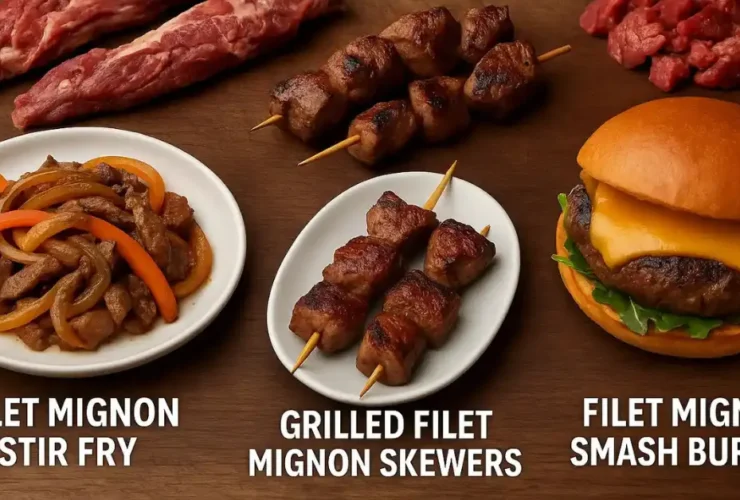 Three gourmet dishes made from filet mignon trimmings: stir-fry, grilled skewers, and smash burgers plated on rustic surfaces
