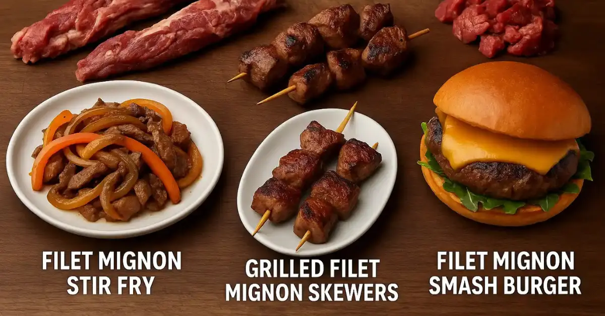 Three gourmet dishes made from filet mignon trimmings: stir-fry, grilled skewers, and smash burgers plated on rustic surfaces