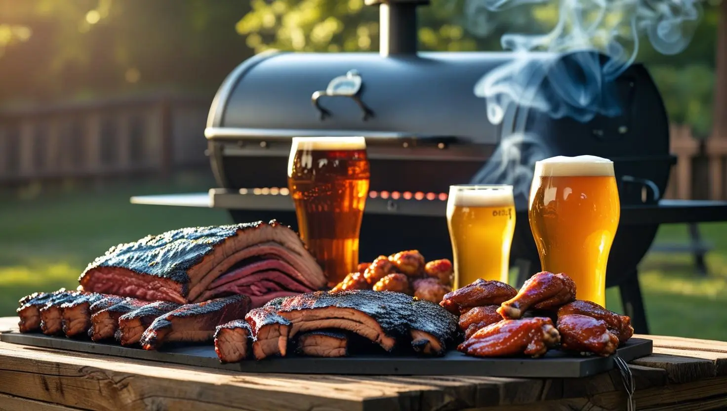 The best beer to pair with BBQ meats like brisket, ribs, and wings, served with smoked sides and sauces
