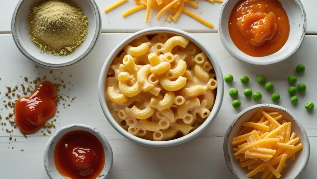 Kraft Mac & Cheese Cup Hacks: From Basic Prep to Gourmet Bites 182 Kraft Mac & Cheese Cup surrounded by different flavor add-ins
