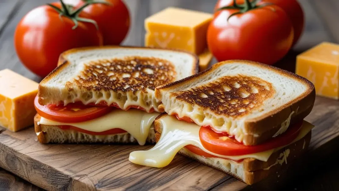 Perfect grilled cheese and tomato sandwich with melted cheese and fresh tomatoes