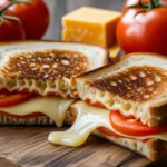 Perfect grilled cheese and tomato sandwich with melted cheese and fresh tomatoes