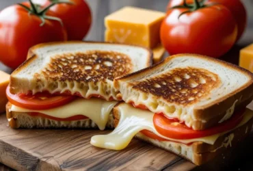 Perfect grilled cheese and tomato sandwich with melted cheese and fresh tomatoes