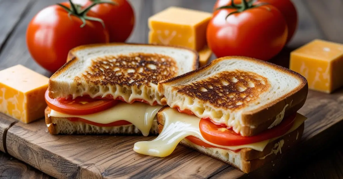 Perfect grilled cheese and tomato sandwich with melted cheese and fresh tomatoes