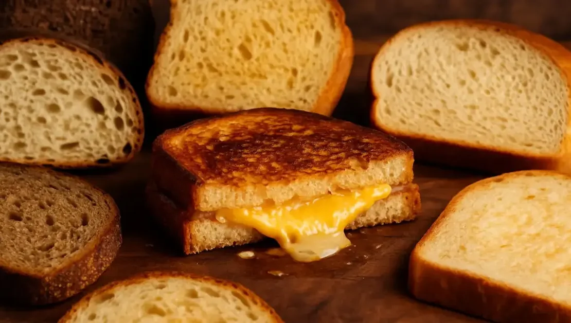Grilled cheese sandwich oozing melted cheese surrounded by assorted artisan bread slices on a wooden board, with a softly blurred kitchen background.