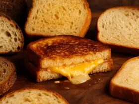 Grilled cheese sandwich oozing melted cheese surrounded by assorted artisan bread slices on a wooden board, with a softly blurred kitchen background.