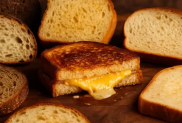 Grilled cheese sandwich oozing melted cheese surrounded by assorted artisan bread slices on a wooden board, with a softly blurred kitchen background.