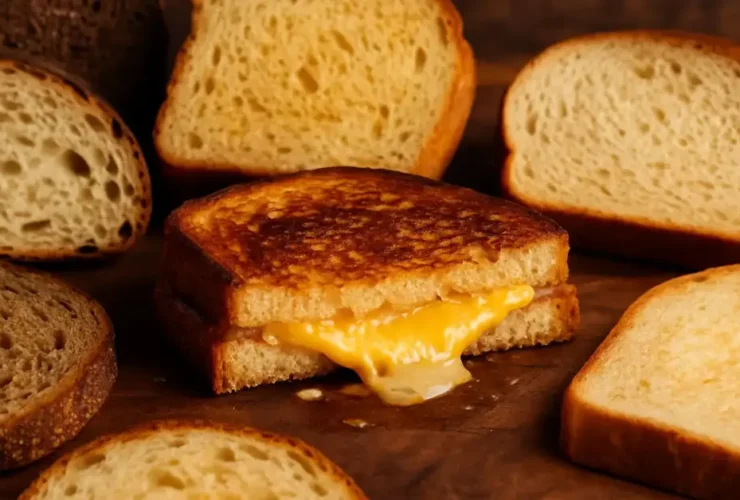 Grilled cheese sandwich oozing melted cheese surrounded by assorted artisan bread slices on a wooden board, with a softly blurred kitchen background.