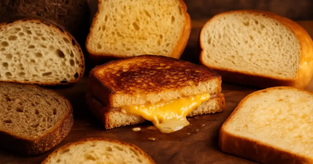 Grilled cheese sandwich oozing melted cheese surrounded by assorted artisan bread slices on a wooden board, with a softly blurred kitchen background.